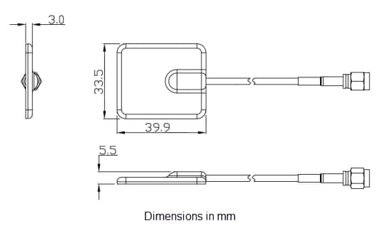 Mechanical Drawing - Siretta Alpha 14 5G/4G High Gain Adhesive Patch Antennas